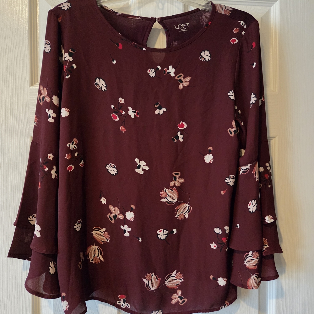 LOFT Burgundy‎ Floral Ruffle-Sleeve Blouse